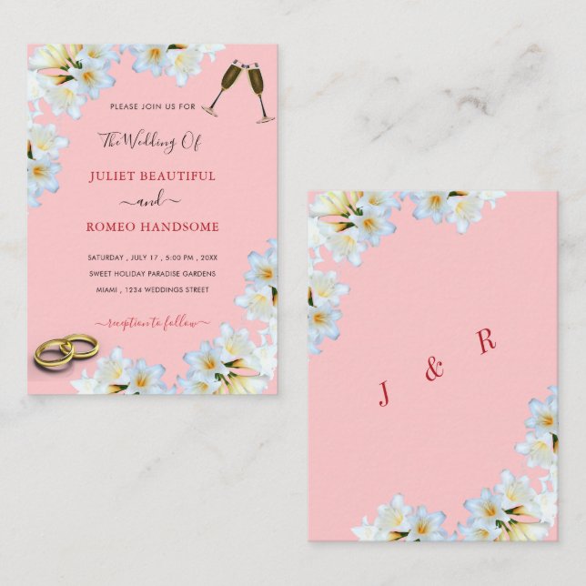 Your White Lilies Pink Wedding Invitation Template (Front/Back)