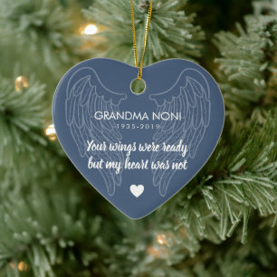 Your Wings Personalized Memorial Heart Blue Ceramic Ornament