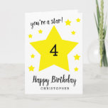 You're a Star 4th Birthday Card<br><div class="desc">This you're a star 4th birthday card can be easily personalized with any age and the birthday recipient's name. The inside card message can also be edited if wanted. This yellow stars personalized 4th birthday card for any child would make a great card keepsake.</div>