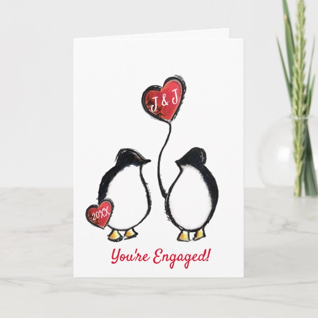 You're engaged cute penguin engagement balloon card (Front)