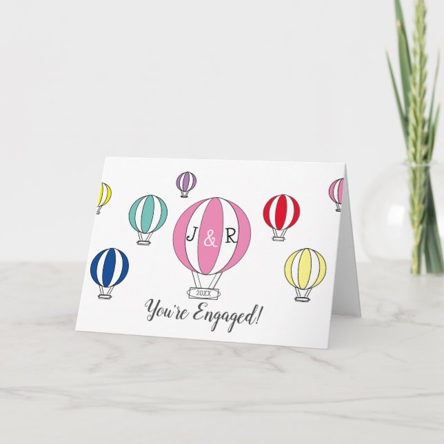 You're engaged rainbow hot air balloon engagement card (Front)