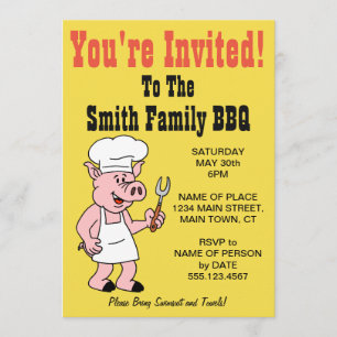 You're Invited Family BBQ Pig Cartoon Invitation