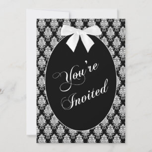You're Invited, White/Black Damask Pattern, Oval Invitation