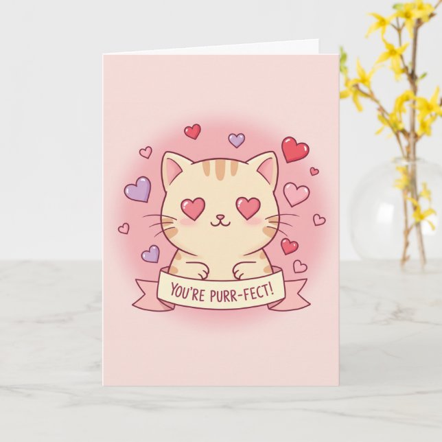 You're Purr-fect! Adorable Valentine's Day Cat Card (Yellow Flower)