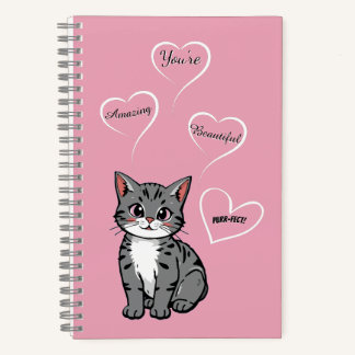 You're Purr-fect Animated Cat and Hearts Pink Notebook