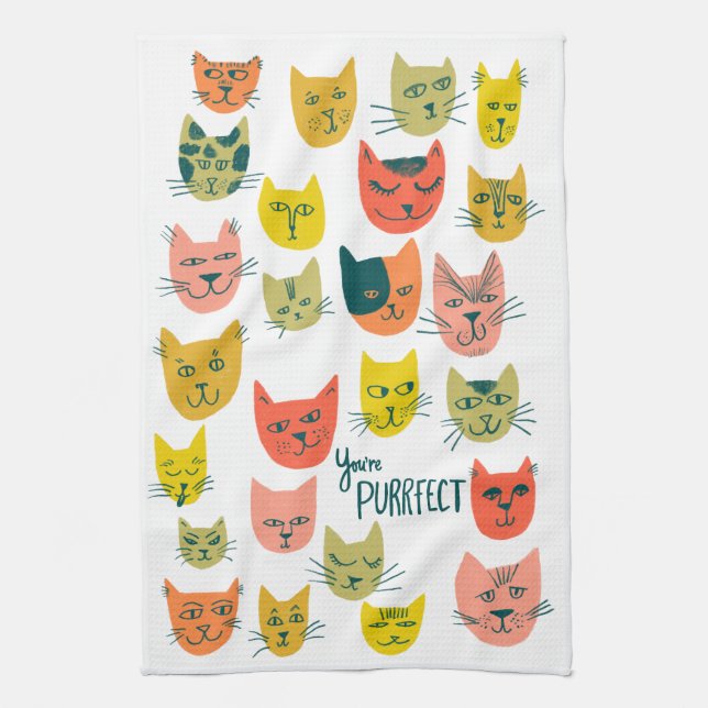 You're Purrfect! Colourful Cute Cats Blue Kitchen Towel (Vertical)