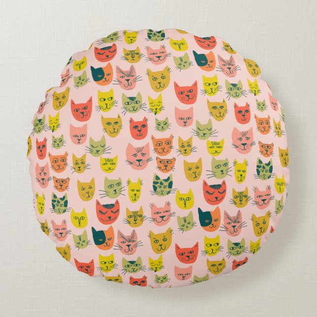 You're Purrfect! Cute Colourful Cats Pattern Round Pillow (Front)