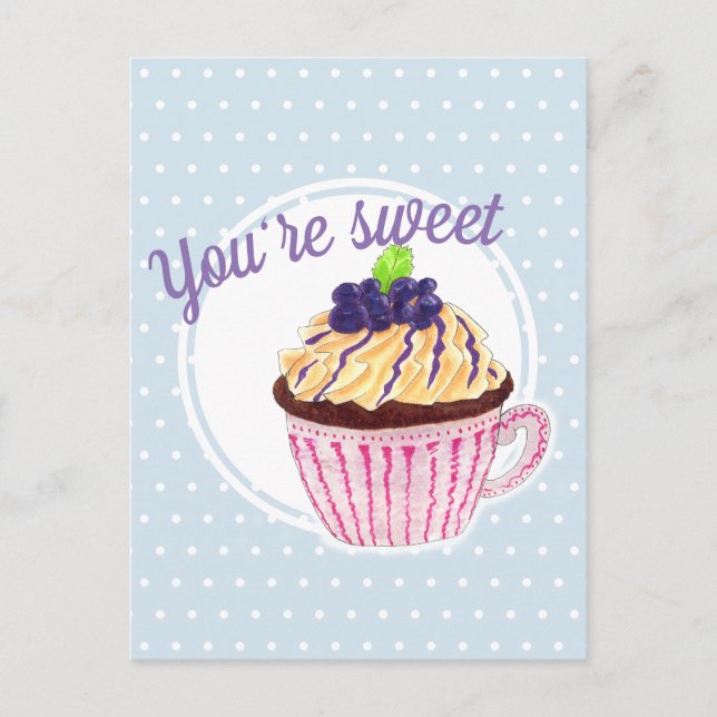 You're sweet! cupcake postcard blue polka dots (Front)