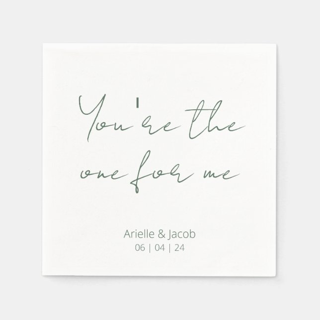 You're The One White & Olive Green Cursive Wedding Napkin (Front)