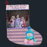 YourPic/Text Purple Pink Rose Gold Stripes Snowman Large Christmas Stocking<br><div class="desc">Fun and whimsical, this design can be for kids or adults and will add a colourful look to your home. Please note, NO real glitter is used. All glitter and lace accents are done digitally within artwork. To add your own photo, please click the Change button and to add your...</div>