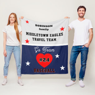 Youth Baseball Navy Blue Name Stars Heart Fleece Blanket
