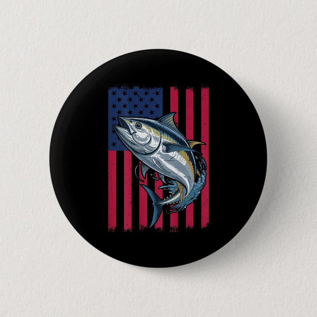 Youth Boys Deep Sea Fishing American Flag Bluefin  2 Inch Round Button (Front)