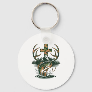 Youth Camo Faith Hunting Fishing Cross Fisherman C Keychain