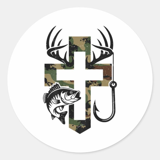 Youth Camo Faith Hunting Fishing Cross Hook Christ Classic Round Sticker (Front)