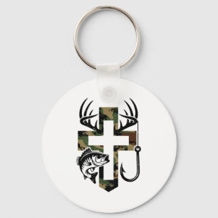 Youth Camo Faith Hunting Fishing Cross Hook Christ Keychain