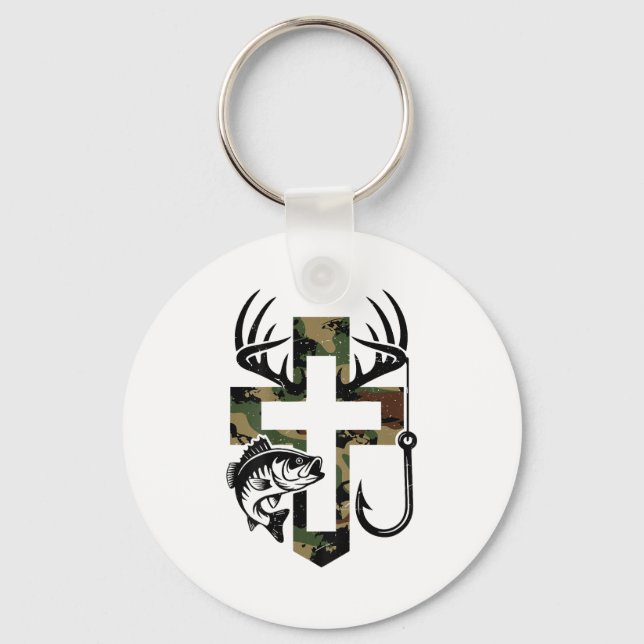 Youth Camo Faith Hunting Fishing Cross Hook Christ Keychain (Front)