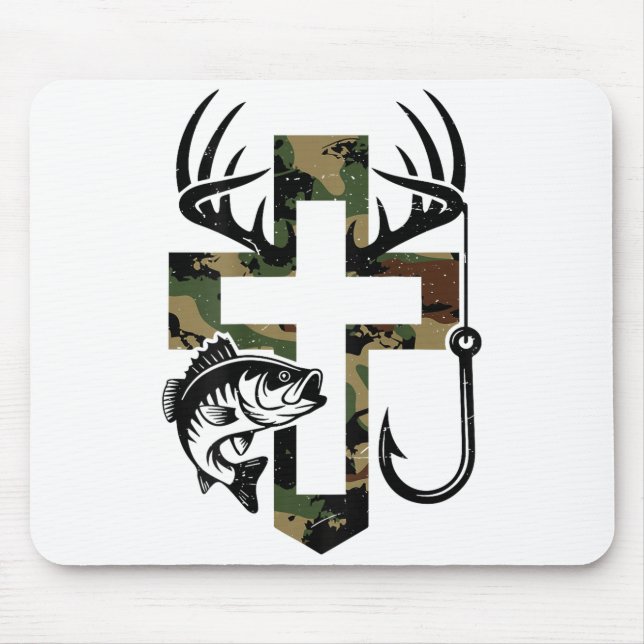 Youth Camo Faith Hunting Fishing Cross Hook Christ Mouse Pad (Front)