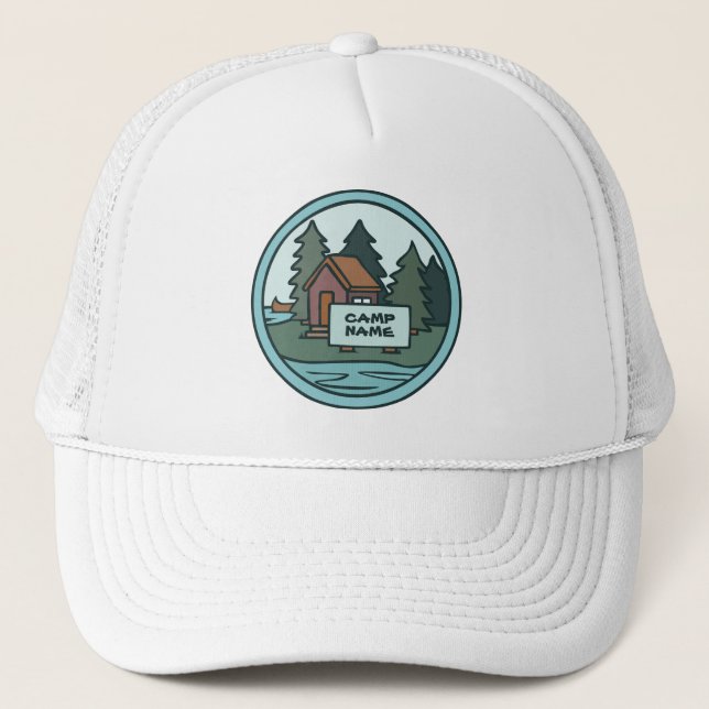 Youth summer camp island cabin w/custom sign trucker hat (Front)