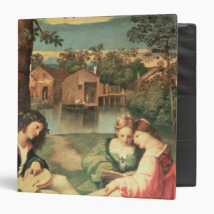 Youth with a guitar and two girls sitting binder