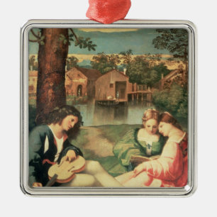Youth with a guitar and two girls sitting metal ornament