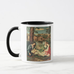 Youth with a guitar and two girls sitting mug