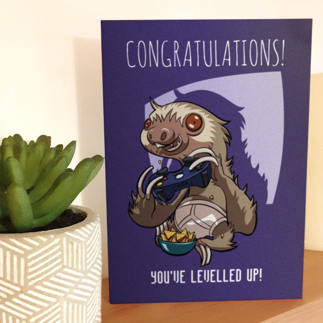 You've Levelied Up Gamer Sloth In Pants Cartoon Card (Creator Uploaded)