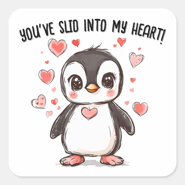 You've Slid Into My Heart Penguin Valentine's Day Square Sticker (Front)