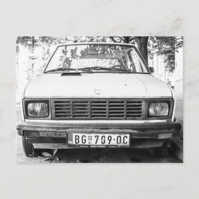 Yugo, old yugoslavian car luggage holiday postcard (Front)