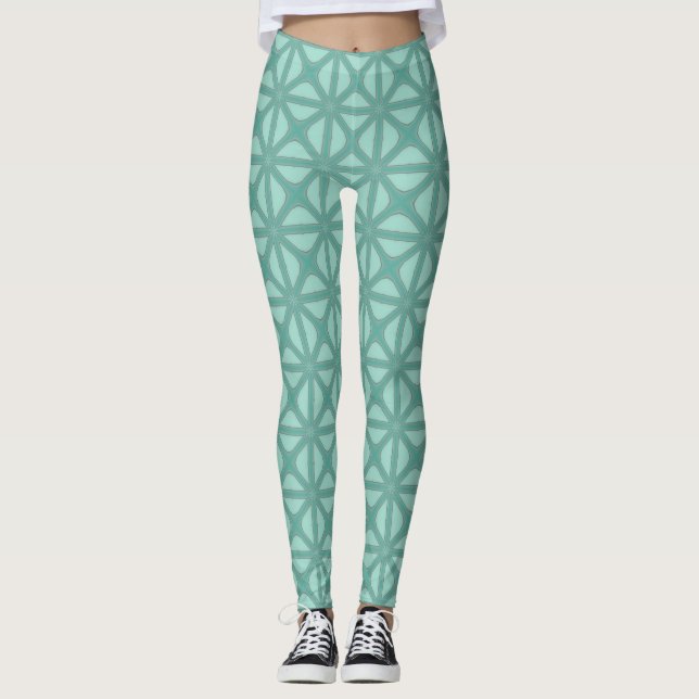 Yukka Green And Hint Of Pink Lattice Tile Pattern Leggings (Front)