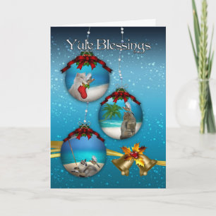 yule blessings with beach scenery cats and birds b holiday card