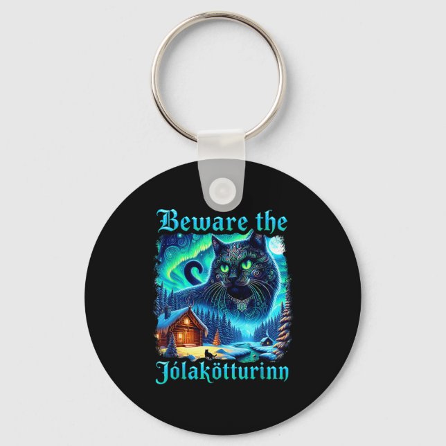 Yule Cat Vintage Beware Jolakotturinn Icelandic Ch Keychain (Front)