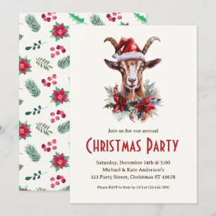 Yule Goat in Santa Hat Farm Animal Christmas Party Invitation