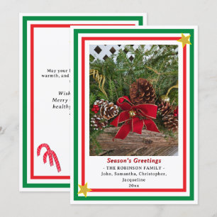 Yule Log Red Bow Pine Cones Green Red Names Holiday Card