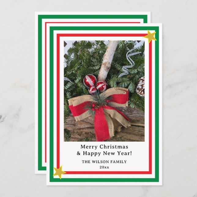 Yule Log Red Burlap Bow Green INSERT PHOTO  Holiday Card (Front/Back)