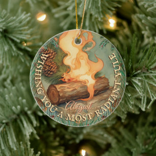 Yule Log Vintage Winter Solstice Two-Sided Circle Ceramic Ornament