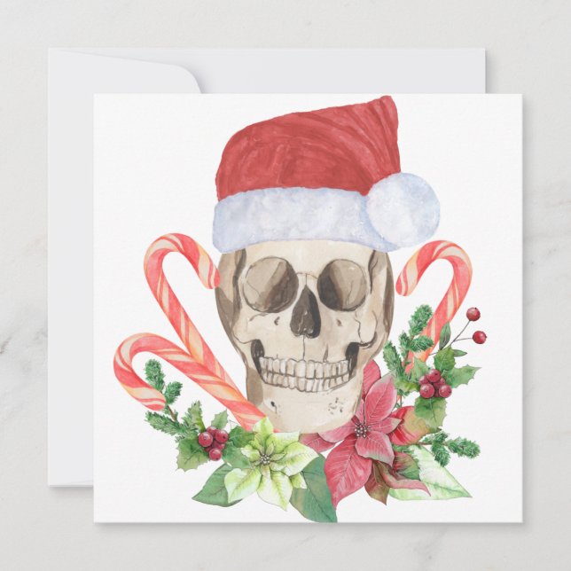 Yule Skull Gothic Christmas Poinsettia Candy Cane Holiday Card (Front)