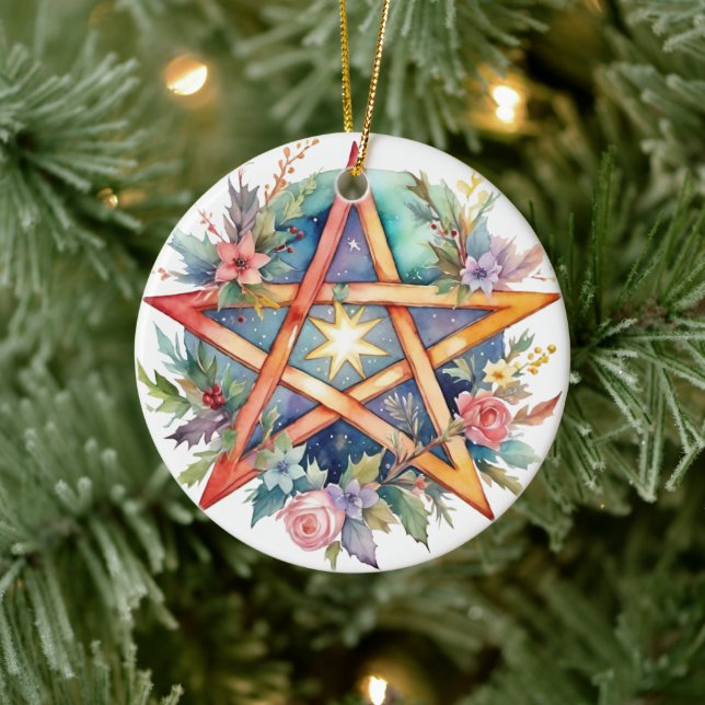Yule Tree Winter Solstice Floral Wicca Pentacle Ceramic Ornament (Tree)