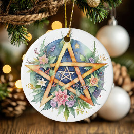Yule Tree Winter Solstice Floral Wicca Pentacle Ceramic Ornament