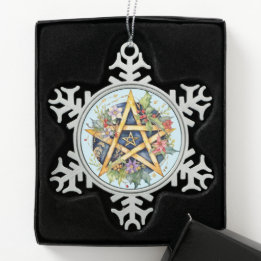 Yule Tree Winter Solstice Floral Wicca Pentacle Snowflake Pewter Christmas Ornament