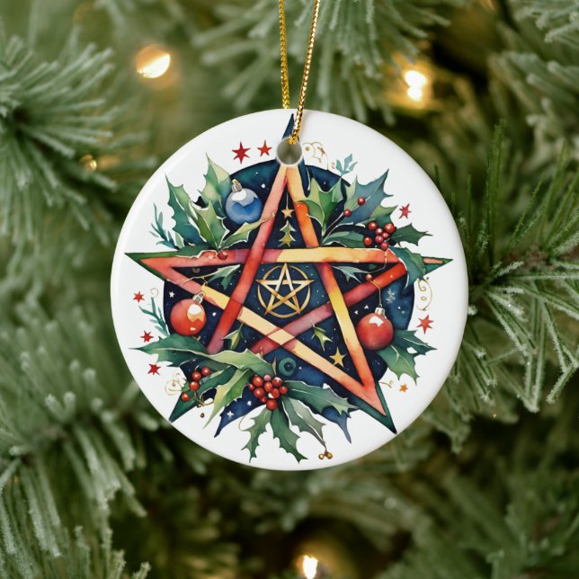 Yule Tree Winter Solstice Holly Wicca Pentacle Ceramic Ornament (Tree)