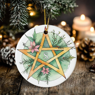 Yule Tree Winter Solstice Monogram Wicca Pentacle Ceramic Ornament