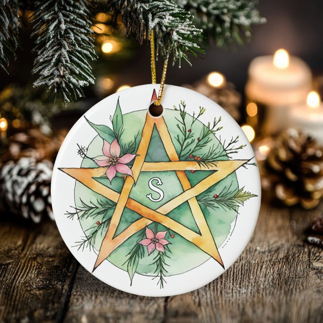 Yule Tree Winter Solstice Monogram Wicca Pentacle Ceramic Ornament (Yule Tree Winter Solstice Monogram Wicca Pentacle Ceramic Ornament)
