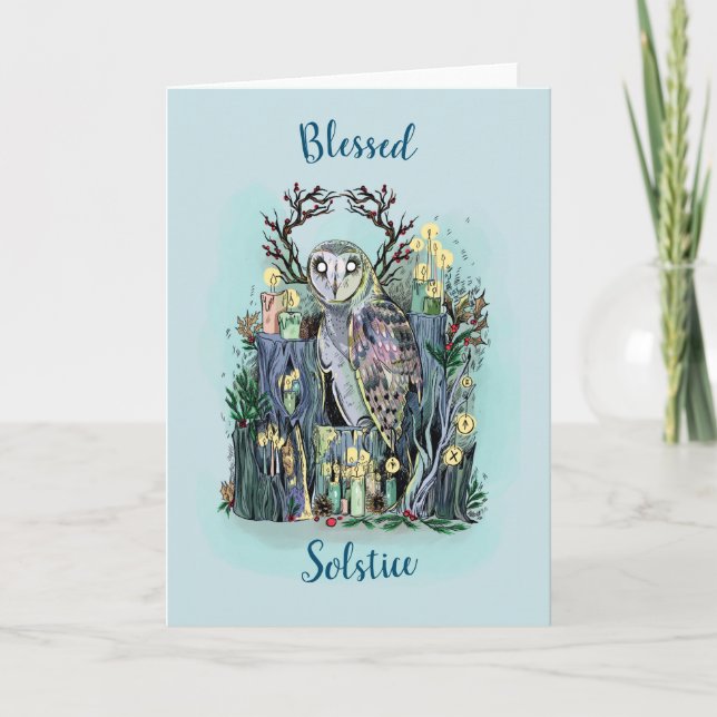 Yule Winter Solstice Barn Owl With Runes Card (Front)