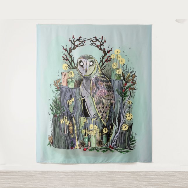 Yule Winter Solstice Barn Owl With Runes Tapestry (Front)