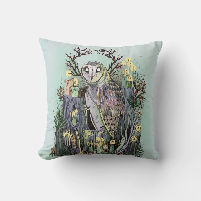 Yule Winter Solstice Barn Owl With Runes Throw Pillow (Front)