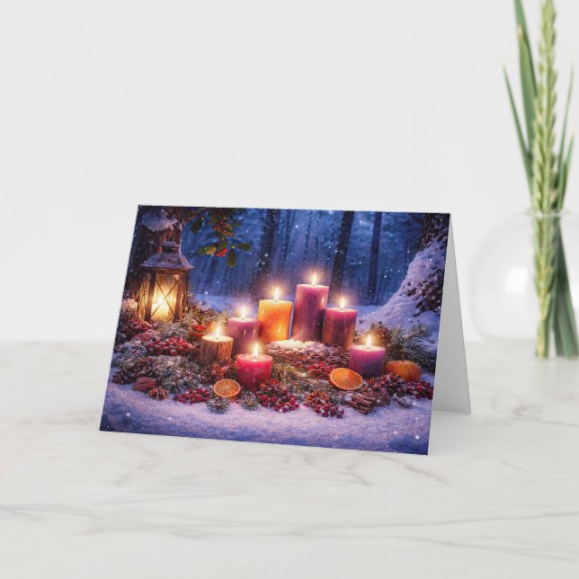 Yule Winter Solstice Candles and Lantern Snow Card (Front)