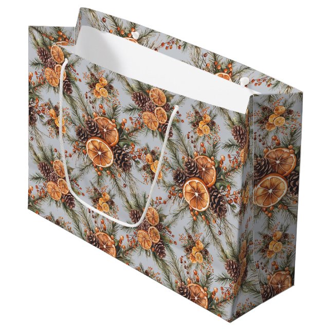 Yule Winter Solstice Natural Pine & Orange Large Gift Bag (Front Angled)