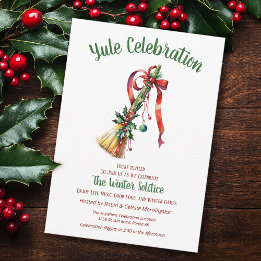 Yule Winter Solstice Witch Broom Holly Besom Invitation