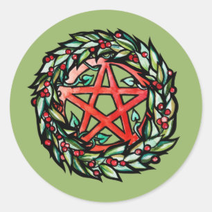 Yule Wreath Pentacle Pagan Pentagram Holiday     Classic Round Sticker