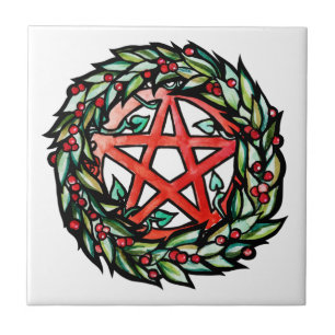 Yule Wreath Pentacle Pagan Pentagram Holiday Tile